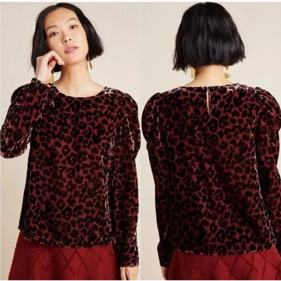 DOLAN | ANTHROPOLOGIE Brown Velvet Leopard Print Long Puff Sleeve Top - Small - Picture 6 of 12